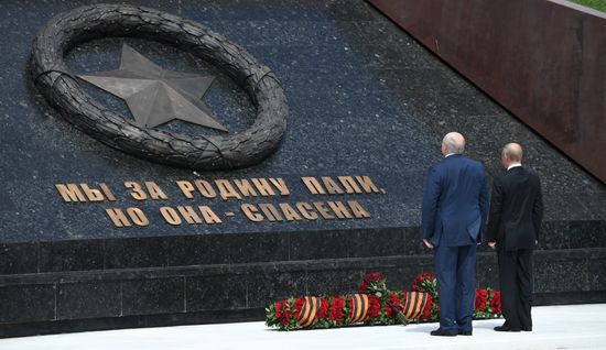 President of Russia Vladimir Putin and President of Belarus Alexander Lukashenko unveil Rzhev Memorial to Soviet Soldiers