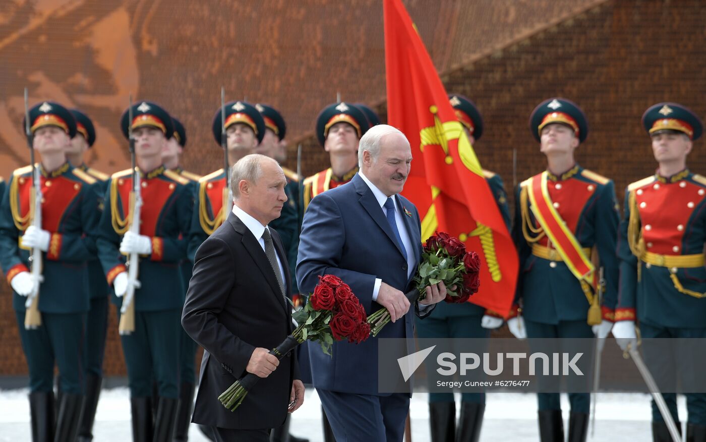 President of Russia Vladimir Putin and President of Belarus Alexander Lukashenko unveil Rzhev Memorial to Soviet Soldiers