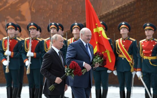 President of Russia Vladimir Putin and President of Belarus Alexander Lukashenko unveil Rzhev Memorial to Soviet Soldiers