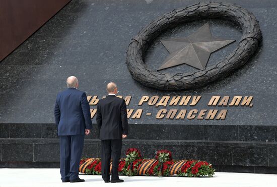President of Russia Vladimir Putin and President of Belarus Alexander Lukashenko unveil Rzhev Memorial to Soviet Soldiers