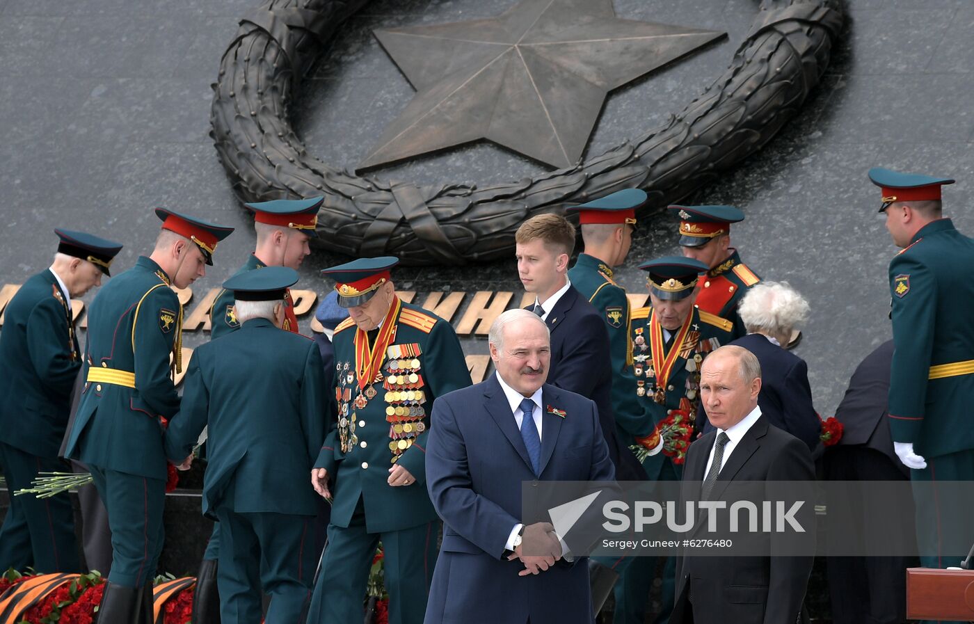 President of Russia Vladimir Putin and President of Belarus Alexander Lukashenko unveil Rzhev Memorial to Soviet Soldiers