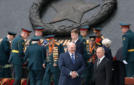 President of Russia Vladimir Putin and President of Belarus Alexander Lukashenko unveil Rzhev Memorial to Soviet Soldiers