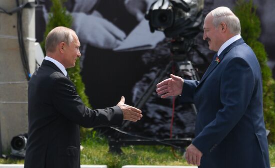 President of Russia Vladimir Putin and President of Belarus Alexander Lukashenko unveil Rzhev Memorial to Soviet Soldiers