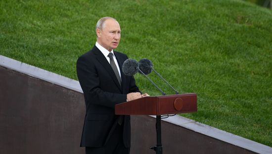 President of Russia Vladimir Putin and President of Belarus Alexander Lukashenko unveil Rzhev Memorial to Soviet Soldiers