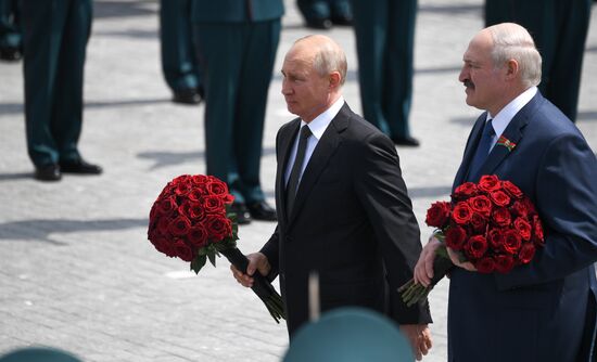 President of Russia Vladimir Putin and President of Belarus Alexander Lukashenko unveil Rzhev Memorial to Soviet Soldiers