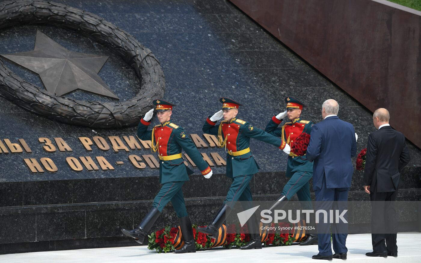 President of Russia Vladimir Putin and President of Belarus Alexander Lukashenko unveil Rzhev Memorial to Soviet Soldiers