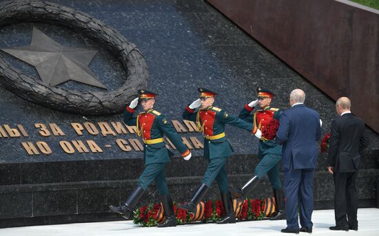 President of Russia Vladimir Putin and President of Belarus Alexander Lukashenko unveil Rzhev Memorial to Soviet Soldiers