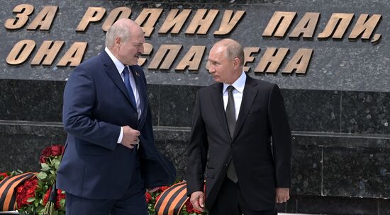 President of Russia Vladimir Putin and President of Belarus Alexander Lukashenko unveil Rzhev Memorial to Soviet Soldiers