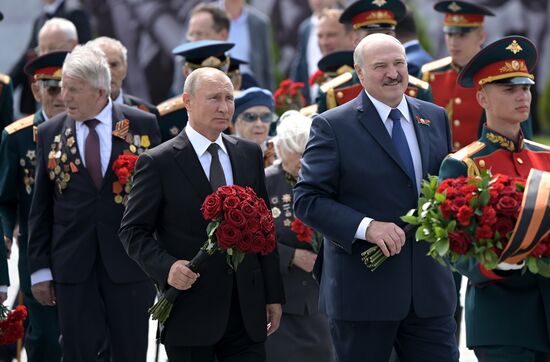 President of Russia Vladimir Putin and President of Belarus Alexander Lukashenko unveil Rzhev Memorial to Soviet Soldiers