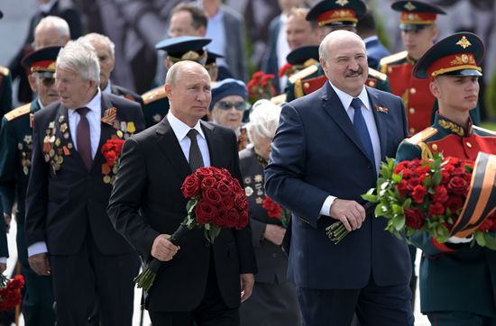 President of Russia Vladimir Putin and President of Belarus Alexander Lukashenko unveil Rzhev Memorial to Soviet Soldiers