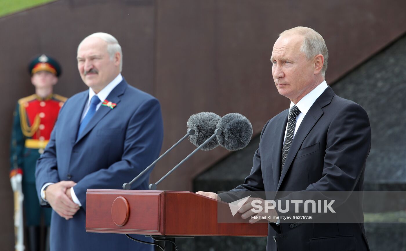 President of Russia Vladimir Putin and President of Belarus Alexander Lukashenko unveil Rzhev Memorial to Soviet Soldiers