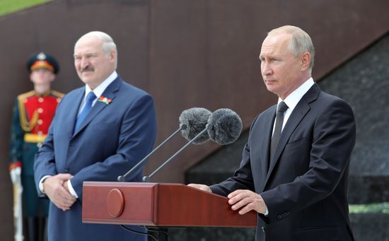 President of Russia Vladimir Putin and President of Belarus Alexander Lukashenko unveil Rzhev Memorial to Soviet Soldiers