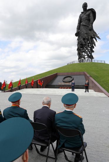 President of Russia Vladimir Putin and President of Belarus Alexander Lukashenko unveil Rzhev Memorial to Soviet Soldiers