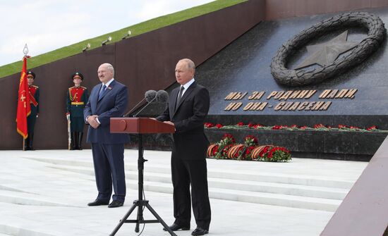 President of Russia Vladimir Putin and President of Belarus Alexander Lukashenko unveil Rzhev Memorial to Soviet Soldiers