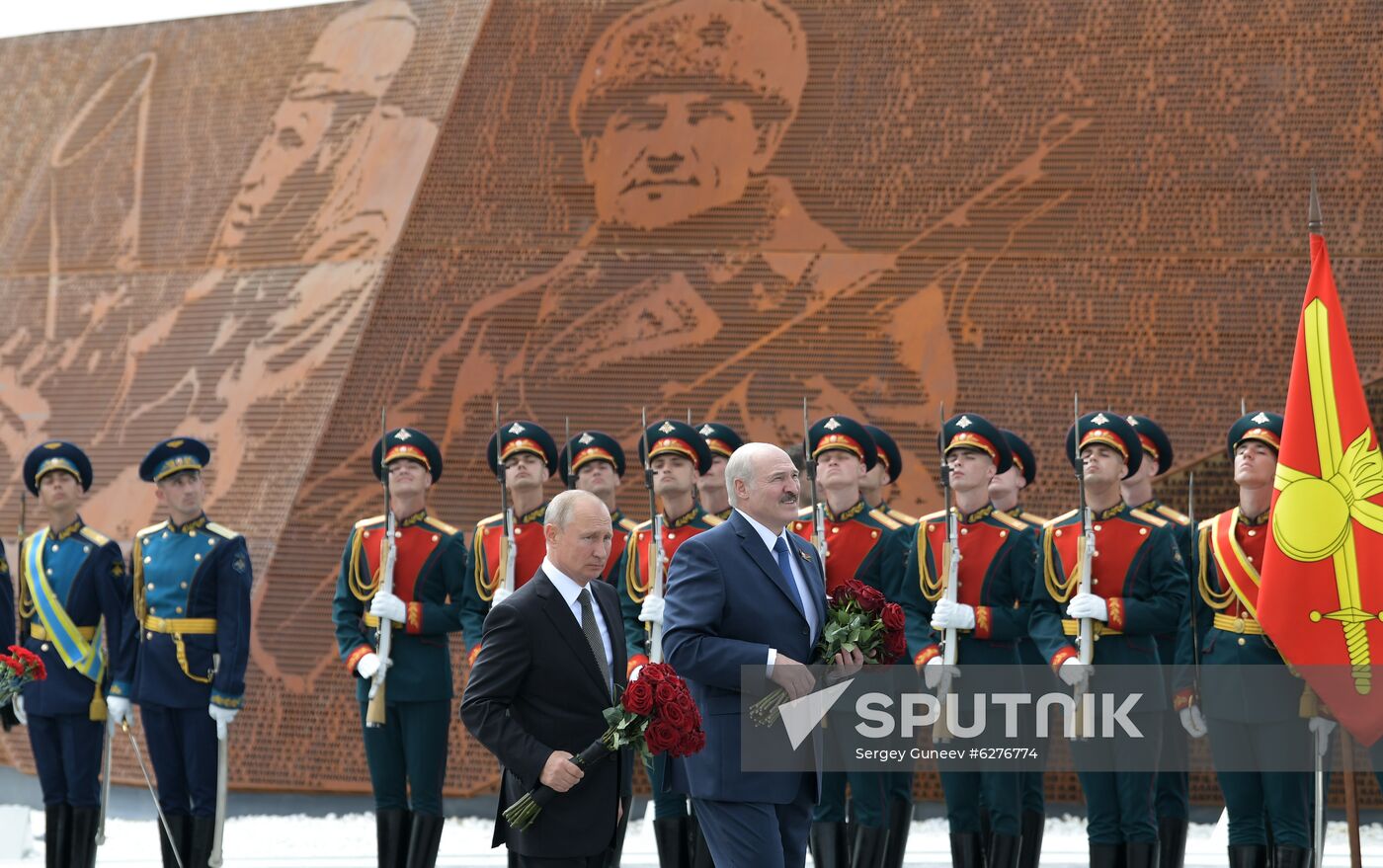President of Russia Vladimir Putin and President of Belarus Alexander Lukashenko unveil Rzhev Memorial to Soviet Soldiers