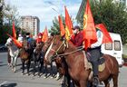 Supporters of Kyrgyz President Sooronbay Jeenbekov with national flags ride horses as they gather for a rally in the southern city of Osh, Kyrgyzstan. The whereabouts of Jeenbekov are uncertain, and the Interior Ministry is not engaged in searches as it is focused on stabilization efforts, acting Interior Minister Kursan Asanov said on October 8. Early this week, violent protests against the results of the parliamentary elections emerged in Kyrgyzstan. The Central Election Commission annulled the results of the vote. Location: Kyrgyzstan, Osh. Author: Elaman Karymshakov/Sputnik. Kyrgyzstan Parliamentary Elections Protest