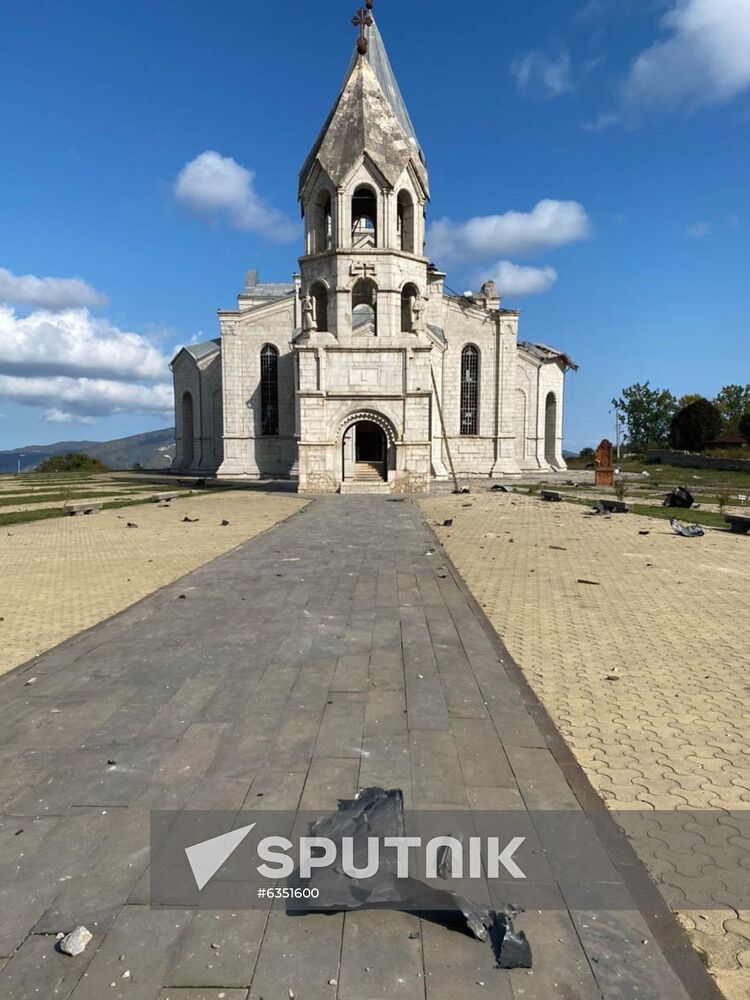 A view shows a damaged Holy Savior Cathedral after the recent shelling, in Shusha, the self-proclaimed Nagorno-Karabakh Republic. A fresh spark in the conflict between Armenia and Azerbaijan in the disputed Nagorno-Karabakh region occurred on September, 27. Yerevan and Baku have both accused each other of violating the 1994 ceasefire and causing civilian casualties. Location: Nagorno-Karabakh, Shusha. Azerbaijan Armenia Escalation