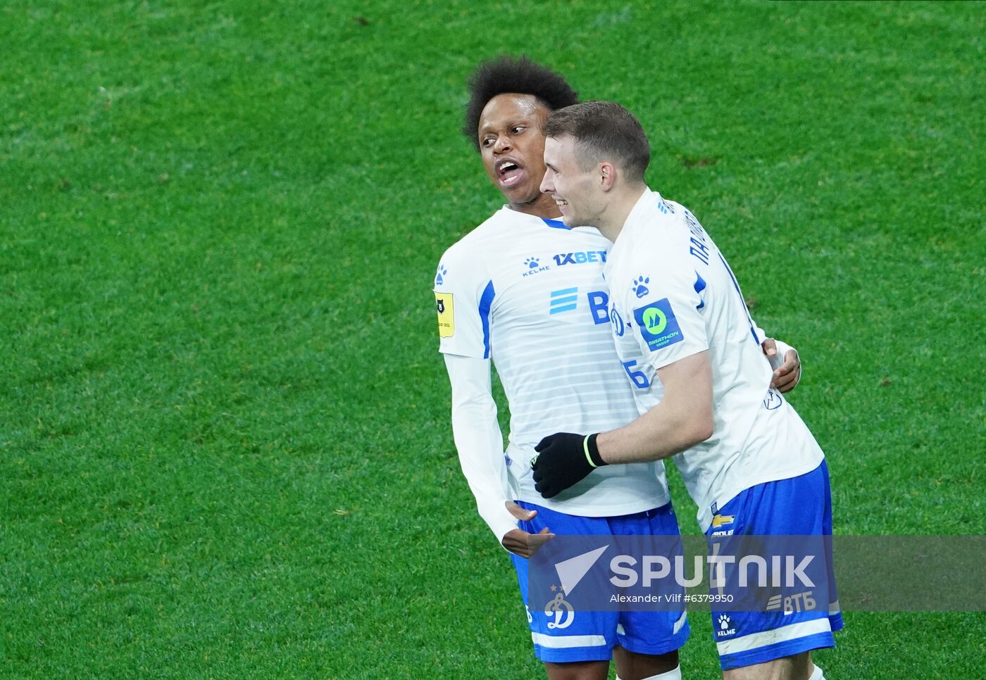 Dynamo's players celebrate the team's goal during the Russian Premier-League soccer match between Dynamo and Lokomotiv, in Moscow, Russia. Location: Russia, Moscow. Author: Alexander Vilf/Sputnik. Russia Soccer Premier-League Dynamo-Lokomotiv