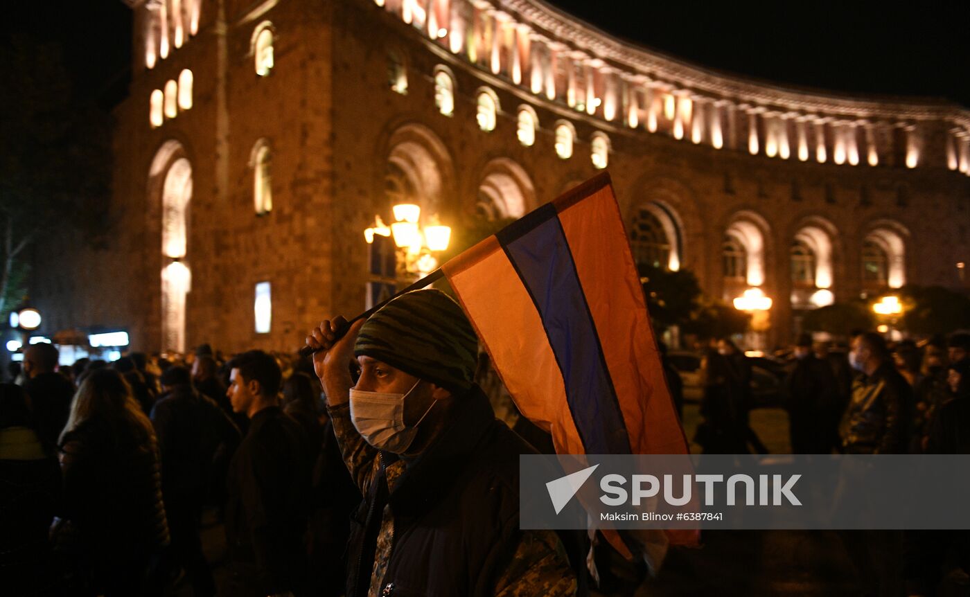 Demonstrators take part in an opposition rally, in Yerevan, Armenia. Location: Armenia, Yerevan. Author: Maksim Blinov/Sputnik. Armenia Nagorno-Karabakh Ceasefire