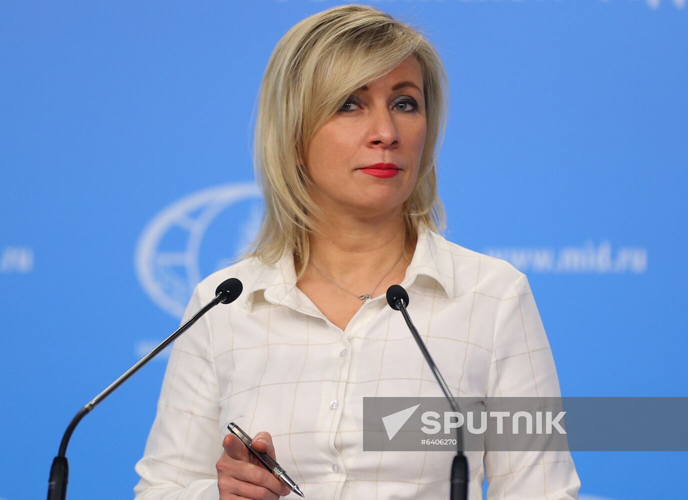 In this handout photo released by the Russian Foreign Ministry, Russian Foreign Ministry's spokeswoman Maria Zakharova reacts during a weekly briefing in Moscow, Russia. Editorial use only, no archive, no commercial use. Location: Russia, Moscow. Russia Zakharova Briefing