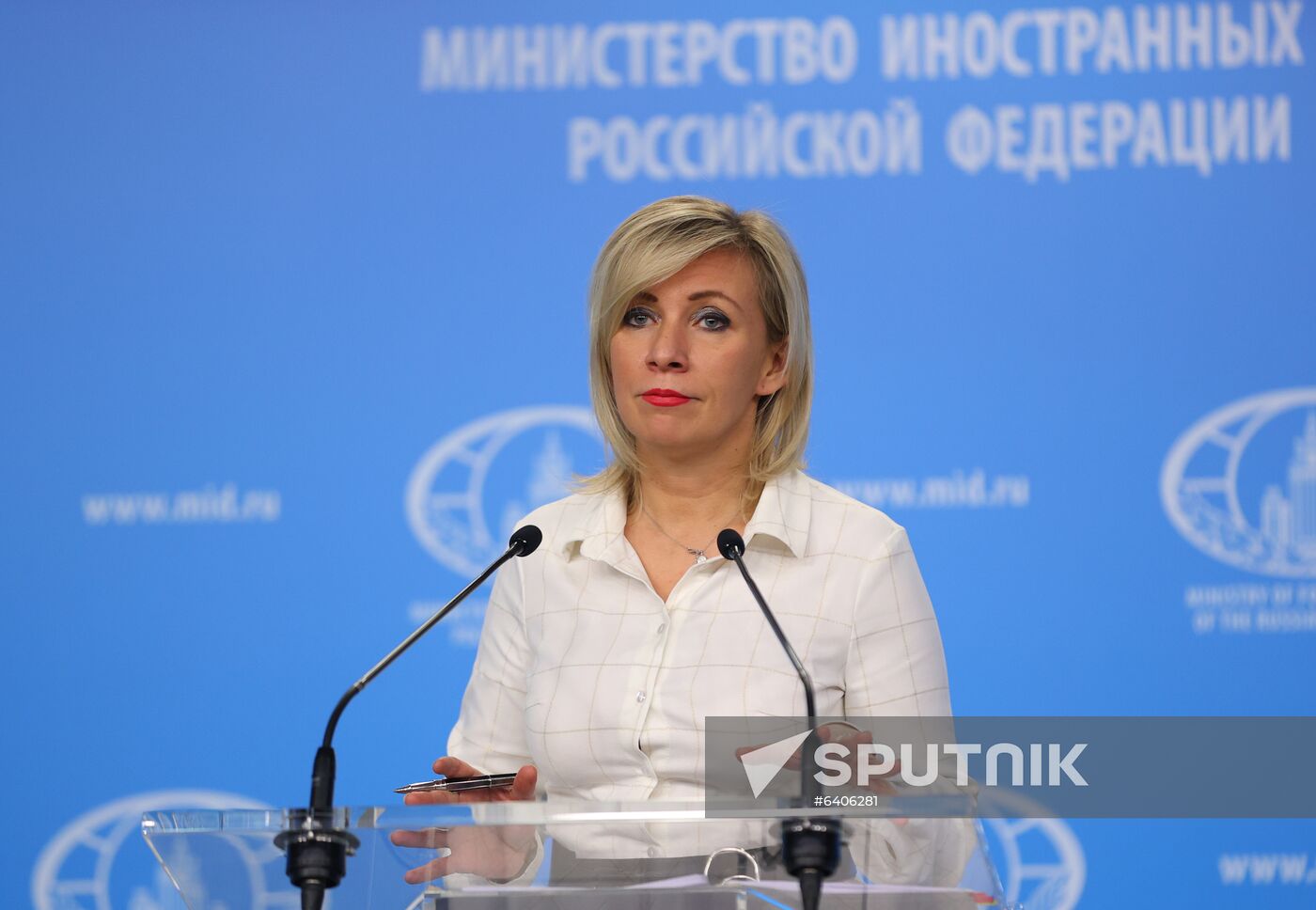 In this handout photo released by the Russian Foreign Ministry, Russian Foreign Ministry's spokeswoman Maria Zakharova reacts during a weekly briefing in Moscow, Russia. Editorial use only, no archive, no commercial use. Location: Russia, Moscow. Russia Zakharova Briefing