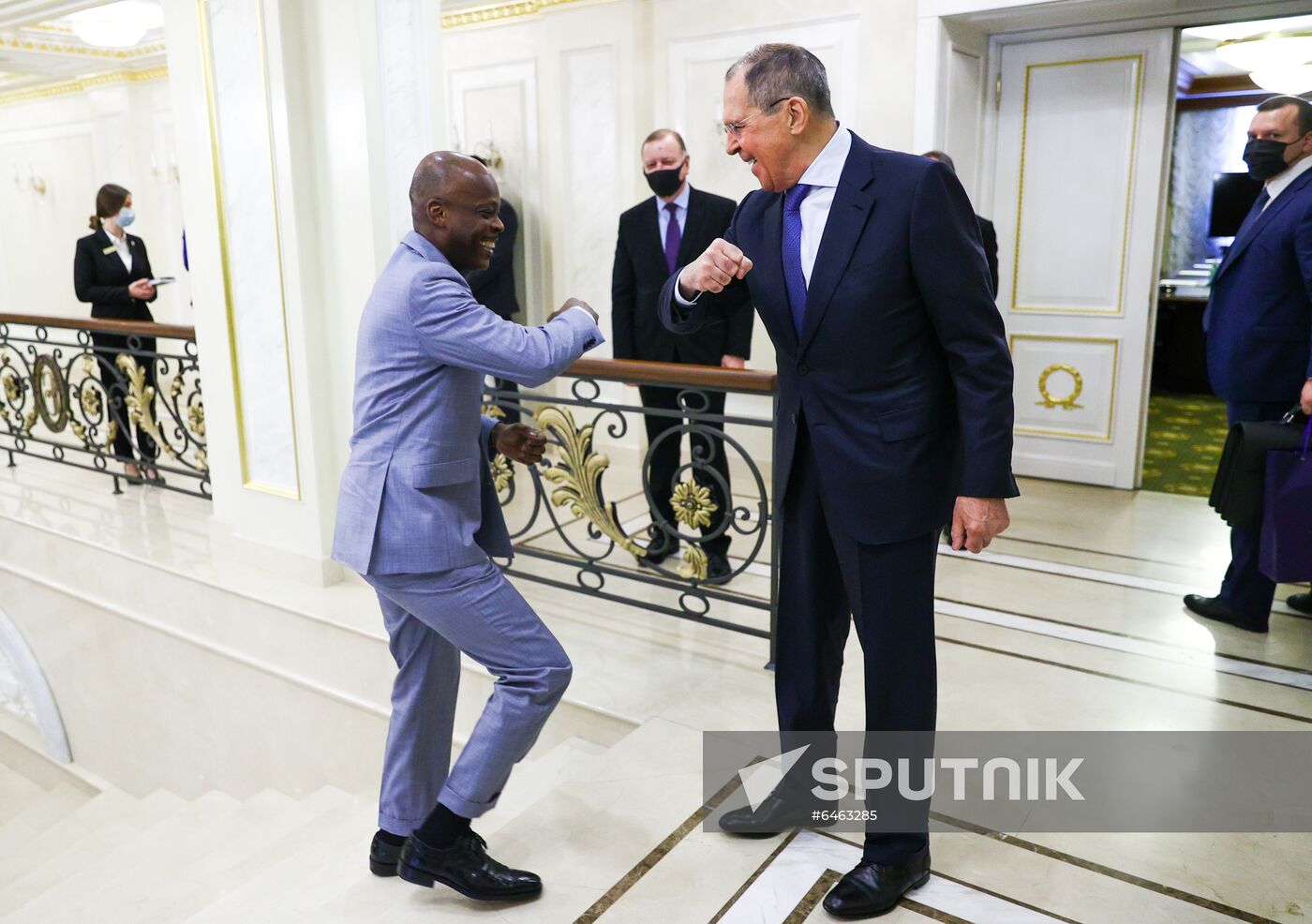 In this handout photo released by the Russian Foreign Ministry, Russian Foreign Minister Sergey Lavrov shake hands with Togo's Foreign Minister Robert Dussey during their meeting in Saint Petersburg, Russia. Editorial use only, no archive, no commercial use. Location: Russia, St. Petersburg. Russia Togo
