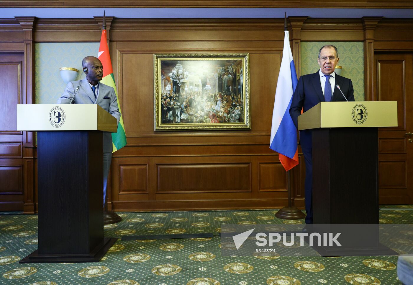 In this handout photo released by the Russian Foreign Ministry, Russian Foreign Minister Sergey Lavrov and Togo's Foreign Minister Robert Dussey attend a news conference following their meeting, in Saint Petersburg, Russia. Editorial use only, no archive, no commercial use. Location: Russia, St. Petersburg. Russia Togo