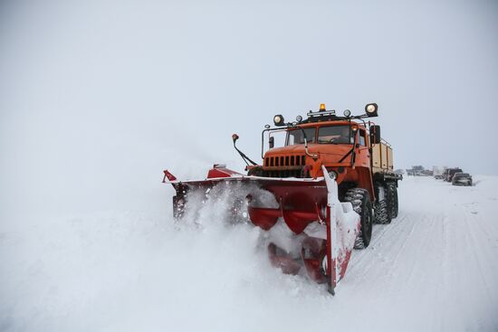 Russia Teriberka Snowstorm Cars Stuck