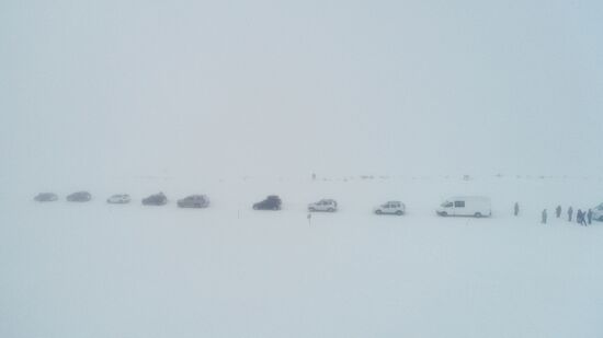 Russia Teriberka Snowstorm Cars Stuck