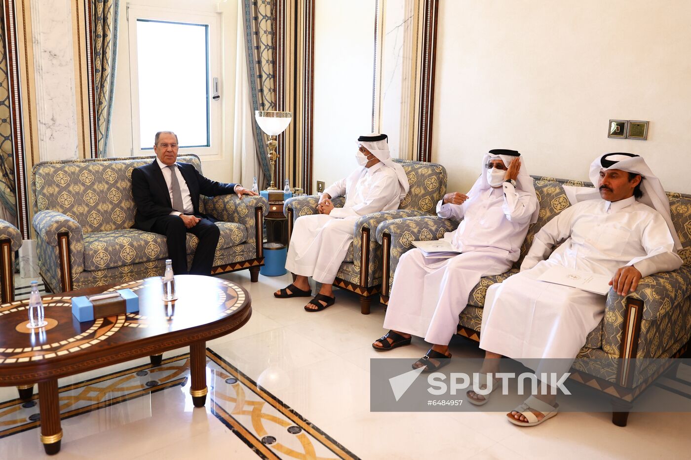 In this handout photo released by the Russian Foreign Ministry, Russian Foreign Minister Sergei Lavrov and Mohammed bin Adbulrahman bin Jassim al-Thani, Qatar's Foreign Minister and Deputy Prime Minister, attend a meeting in Doha, Qatar. Editorial use only, no archive, no commercial use. Location: Qatar, Doha. Qatar Russia Turkey