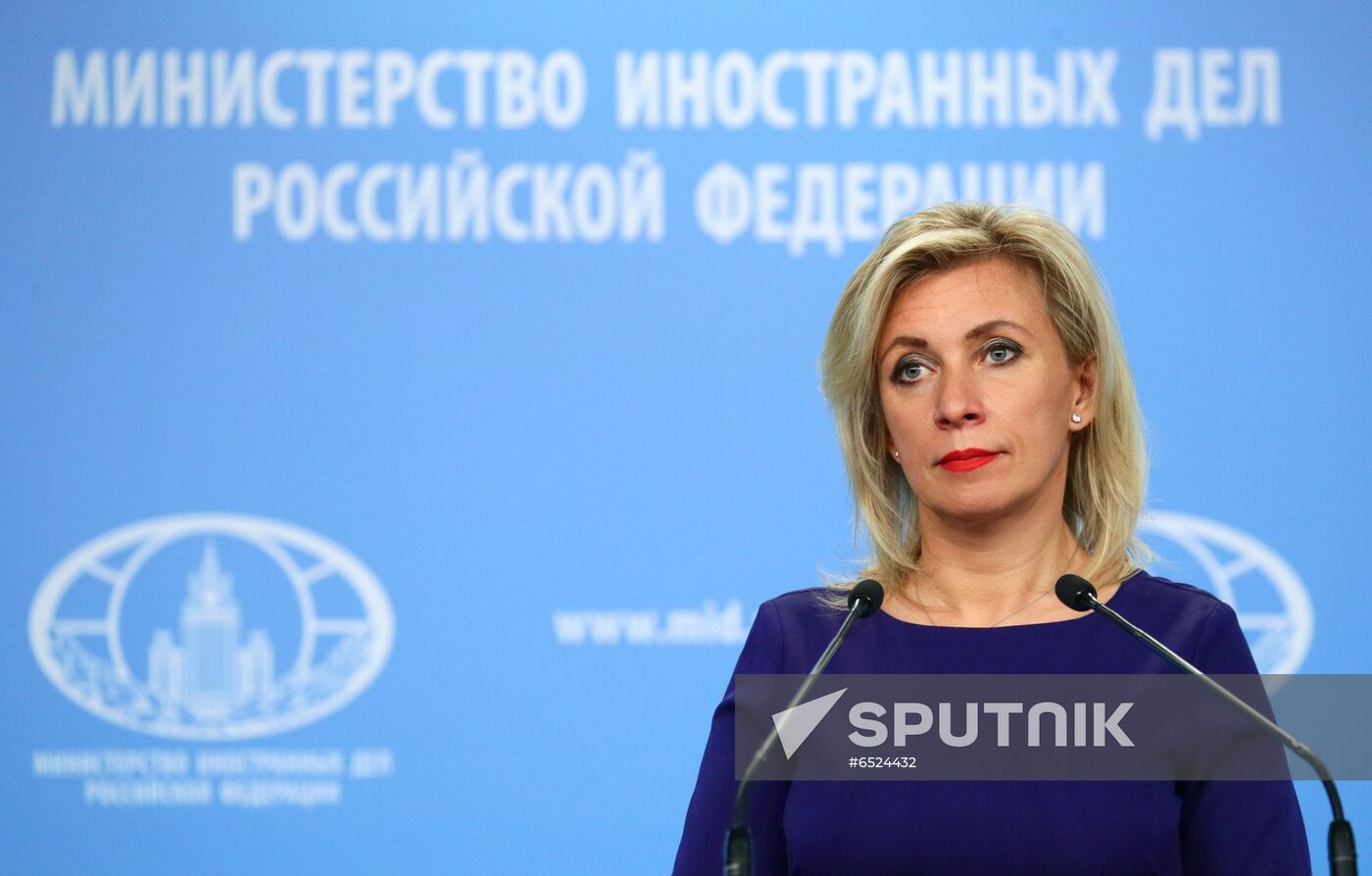 In this handout photo released by the Russian Foreign Ministry, Russian Foreign Ministry's spokeswoman Maria Zakharova attends her weekly briefing in Moscow, Russia. Editorial use only, no archive, no commercial use. Location: Russia, Moscow. Russia Zakharova Briefing