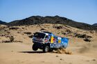 In this handout photo released by kamazmaster.ru, KAMAZ-Master's driver Andrey Karginov, mechaniс Igor Leonov and co-driver Andrey Mokeev drive their truck during the first stage of the Dakar rally from Jeddah to Al Wajh, in Saudi Arabia. Editorial use only, no archive, no commercial use. Location: Saudi Arabia. Saudi Arabia Dakar Kamaz