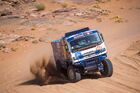 In this handout photo released by kamazmaster.ru, KAMAZ-Master's driver Anton Shibalov, co-driver Dmitry Nikitin and mechanic Ivan Tatarinov compete during the third stage of the Dakar rally from Neom to Neom, in Saudi Arabia. Editorial use only, no archive, no commercial use. Saudi Arabia Dakar Kamaz