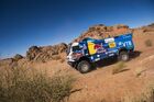 In this handout photo released by kamazmaster.ru, KAMAZ-Master's driver Eduard Nikolaev, mechaniс Vladimir Rybakov and co-driver Evgenii Iakovlev compete during the third stage of the Dakar rally from Neom to Neom, in Saudi Arabia. Editorial use only, no archive, no commercial use. Saudi Arabia Dakar Kamaz