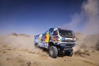 In this handout photo released by kamazmaster.ru, KAMAZ-Master's driver Dmitry Sotnikov, mechaniс Ilgiz Akhmetzianov and co-driver Ruslan Akhmadeev steer their truck during the ninth stage of the Dakar rally from Wadi Al Dawasir to Haradh, in Saudi Arabia. Editorial use only, no archive, no commercial use. Location: Saudi Arabia. Saudi Arabia Dakar Kamaz
