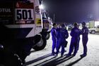 In this handout photo released by kamazmaster.ru, KAMAZ-Master's team members have a rest after the tenth stage of the Dakar rally from Haradh to Shubaytah, in Saudi Arabia. Editorial use only, no archive, no commercial use. Location: Saudi Arabia. Saudi Arabia Dakar Kamaz