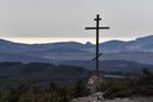 The view shows the Cross of the Chelter-Marmara cave monastery, an archaeological monument located on the cliff of Mount Chelter-Kaya, one and a half kilometers northwest of the village of Ternovka in the city of Sevastopol, Crimea, Russia. The object belongs to the monuments of the cultural heritage of the peoples of Russia of federal significance. Location: Russia, Crimea region, Sevastopol. Author: Konstantin Mihalchevskiy. Russia Tourism