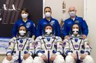 In this handout photo released by Russian Space Agency Roscosmos, from left, NASA astronaut Mark Vande Hai, Roscosmos cosmonauts Oleg Novitsky and Pyotr Dubrov, members of the ISS-65 main crew, foreground, and NASA astronaut Ann McClain, Roscosmos cosmonauts Anton Shkaplerov and Oleg Artemyev, members of the ISS-65 backup crew, background, are seen before training sessions in the Soyuz MS-18 transport manned spacecraft at the Baikonur cosmodrome, Kazakhstan. Editorial use only, no archive, no commercial use. Location: Kazakhstan, Baikonur. Kazakhstan Russia Space
