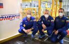 In this handout photo released by Russian Space Agency Roscosmos, from left, NASA astronaut Mark Vande Hai, Roscosmos cosmonauts Oleg Novitsky and Pyotr Dubrov, members of the ISS-65 prime crew, pose for a photo as they check the final configuration of the Soyuz MS-18 spacecraft named after Soviet cosmonaut Yuri Gagarin at the Baikonur cosmodrome, Kazakhstan. Editorial use only, no archive, no commercial use. Location: Baikonur. Kazakhstan Russia Space