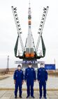 In this handout photo released by Russian Space Agency Roscosmos, from left, NASA astronaut Mark Vande Hai, Roscosmos cosmonauts Oleg Novitsky and Pyotr Dubrov, members of the ISS-65 prime crew, pose for a photo in front of the Baikonur Road to the Stars monument after checking the final configuration of the Soyuz MS-18 spacecraft named after Soviet cosmonaut Yuri Gagarin at the Baikonur cosmodrome, Kazakhstan. Editorial use only, no archive, no commercial use. Location: Baikonur. Kazakhstan Russia Space