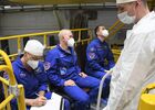 In this handout photo released by Russian Space Agency Roscosmos, from left, NASA astronaut Mark Vande Hai, Roscosmos cosmonauts Oleg Novitsky and Pyotr Dubrov, members of the ISS-65 prime crew, are seen during checking of the final configuration of the Soyuz MS-18 spacecraft named after Soviet cosmonaut Yuri Gagarin at the Baikonur cosmodrome, Kazakhstan. Editorial use only, no archive, no commercial use. Location: Baikonur. Kazakhstan Russia Space