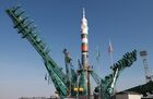 In this handout photo released by Russian Space Agency Roscosmos, The Soyuz 2.1a rocket booster with Soyuz MS-18 spacecraft is seen on the launchpad, at the Baikonur Cosmodrome, Kazakhstan. The emblem of the 60th anniversary of the first ever manned space flight is placed at the Soyuz 2.1a rocket booster. Editorial use only, no archive, no commercial use. Location: Kazakhstan, Baikonur. Kazakhstan Russia Space