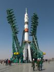 In this handout photo released by Russian Space Agency Roscosmos, Soyuz 2.1a rocket booster with Soyuz MS-18 spacecraft is seen on a launchpad, at the Baikonur Cosmodrome, Kazakhstan. The launch of the Soyuz-2.1a carrier rocket with the Soyuz MS-18 manned spacecraft painted with the portrait of Russian cosmonaut Yuri Gagarin, is scheduled for April 9. Editorial use only, no archive, no commercial use. Location: Kazakhstan, Baikonur. Kazakhstan Russia Space