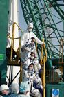 In this handout photo released by Russian Space Agency Roscosmos, International Space Station (ISS) Expedition 65 crew members NASA astronaut Mark Vande Hai, Roscosmos cosmonauts Pyotr Dubrov and Oleg Novitsky board Soyuz MS-18 spacecraft on a launchpad at the Baikonur Cosmodrome, Kazakhstan. The launch of the Soyuz-2.1a carrier rocket with the Soyuz MS-18 manned spacecraft painted with the portrait of Russian cosmonaut Yuri Gagarin, is scheduled for April 9. Editorial use only, no archive, no commercial use. Location: Kazakhstan, Baikonur. Kazakhstan Russia Space