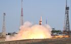 In this handout photo released by Russian Space Agency Roscosmos, Soyuz-2.1a carrier rocket with the Soyuz MS-18 manned spacecraft painted with the portrait of Russian cosmonaut Yuri Gagarin blasts off from a launchpad at Baikonur Cosmodrome, Kazakhstan. Editorial use only, no archive, no commercial use. Location: Kazakhstan, Baikonur. Kazakhstan Russia Space