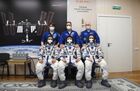 In this handout photo released by Russian Space Agency Roscosmos, International Space Station (ISS) Expedition 65 main and backup crew members, first row from left, NASA astronaut Mark Vande Hai, Roscosmos cosmonauts Oleg Novitsky and Pyotr Dubrov, and second row from left, NASA astronaut Ann McClain and Roscosmos cosmonauts Anton Shkaplerov and Oleg Artemyev pose for a photo before the Soyuz MS-18 spacecraft upcoming launch from the Baikonur Cosmodrome, Kazakhstan. Editorial use only, no archive, no commercial use. Location: Kazakhstan, Baikonur. Kazakhstan Russia Space