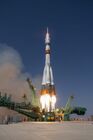 In this handout photo released by Russian Space Agency Roscosmos, Soyuz-2.1a carrier rocket with the Soyuz MS-18 manned spacecraft blasts off from a launchpad at Baikonur Cosmodrome, Kazakhstan. Editorial use only, no archive, no commercial use. Location: Kazakhstan, Baikonur. Kazakhstan Russia Space
