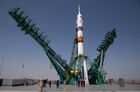 In this handout photo released by Russian Space Agency Roscosmos, Soyuz 2.1a rocket booster with Soyuz MS-18 spacecraft is seen on a launchpad, at the Baikonur Cosmodrome, Kazakhstan. The launch of the Soyuz-2.1a carrier rocket with the Soyuz MS-18 manned spacecraft painted with the portrait of Russian cosmonaut Yuri Gagarin, is scheduled for April 9. Editorial use only, no archive, no commercial use. Location: Kazakhstan, Baikonur. Kazakhstan Russia Space