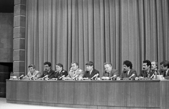 Presenting awards to Soviet-Afghan crew of Soyuz TM-6