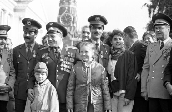 Presenting awards to Soviet-Afghan crew of Soyuz TM-6